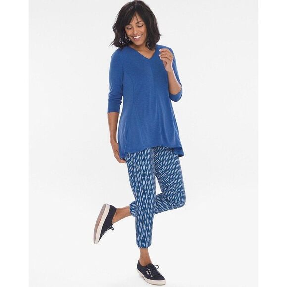 Chico's Zenergy Zip Front Ikat Cropped Neema Pants Sz 16 Blue Wrinkle Resistant - Picture 1 of 11